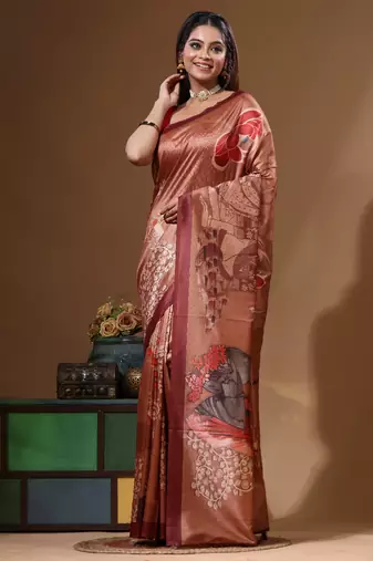 Multicolour semi - tussar with digital print saree with blouse piece