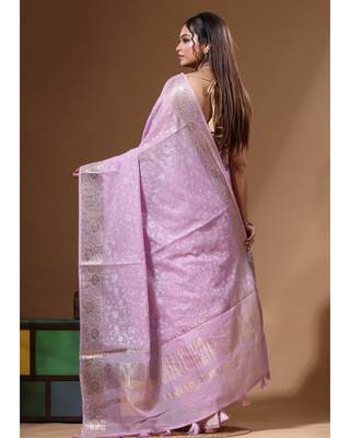 Lavendar mal chanderi with chicken kari saree with blouse piece 3