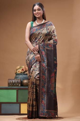 Multicolour semi - tussar with digital print saree with blouse piece