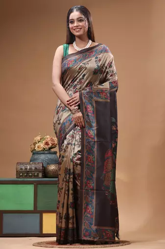 Multicolour semi - tussar with digital print saree with blouse piece