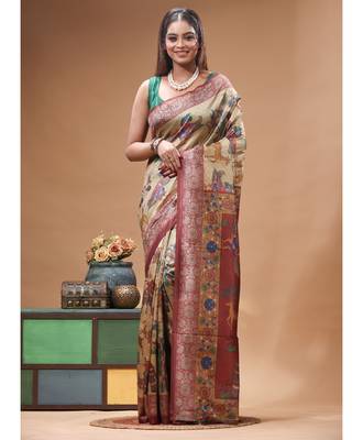 Multicolour semi - tussar with digital print saree with blouse piece 4