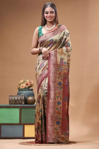 Multicolour semi - tussar with digital print saree with blouse piece
