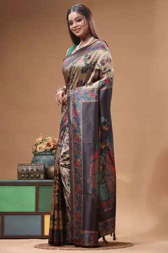 Multicolour semi - tussar with digital print saree with blouse piece