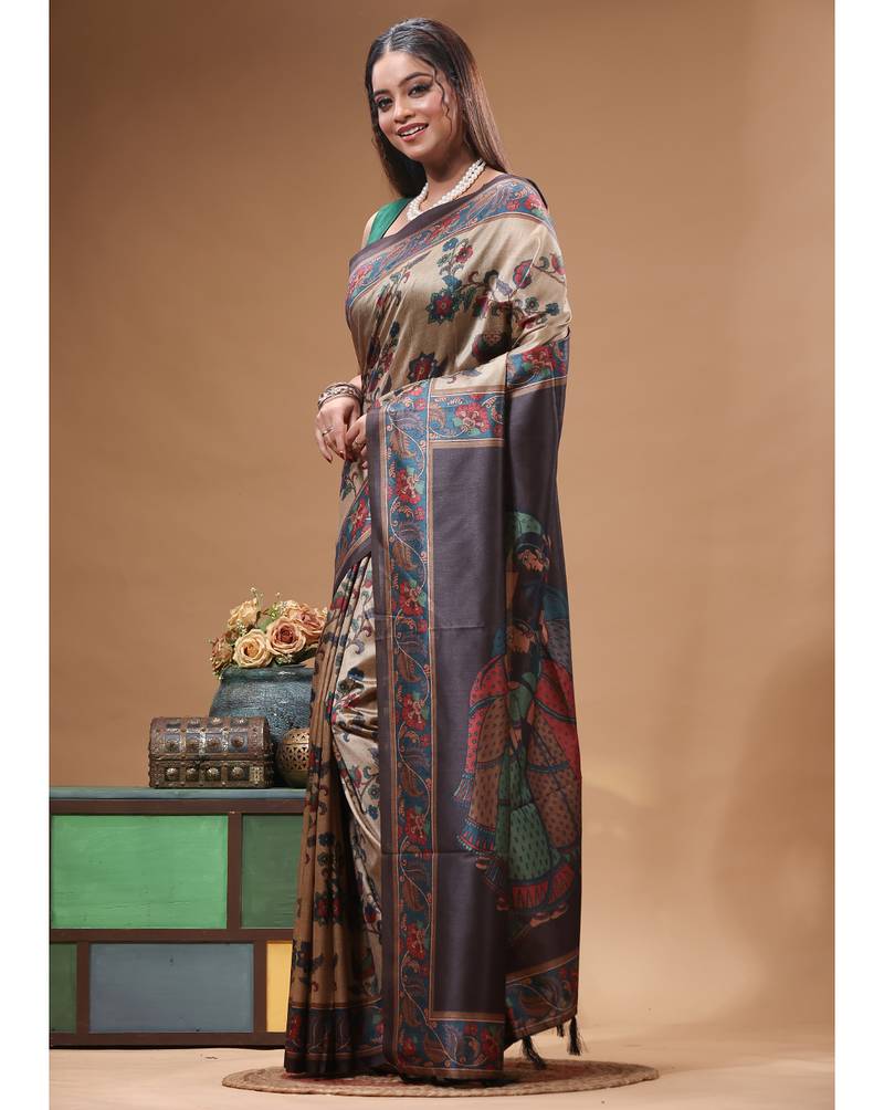 Multicolour semi - tussar with digital print saree with blouse piece