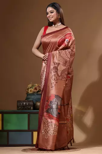 Multicolour semi - tussar with digital print saree with blouse piece