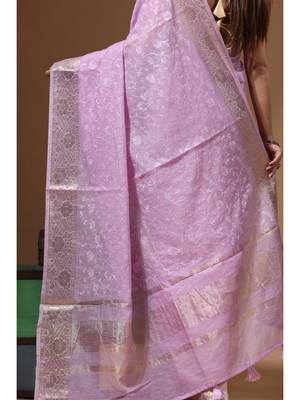 Lavendar mal chanderi with chicken kari saree with blouse piece 4