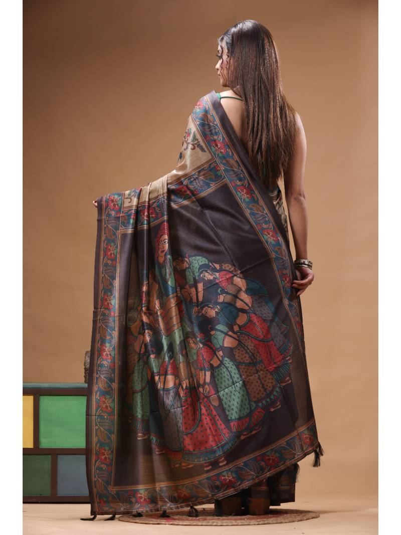 Multicolour semi - tussar with digital print saree with blouse piece