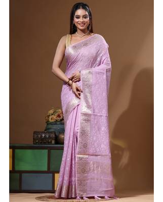 Lavendar mal chanderi with chicken kari saree with blouse piece 5