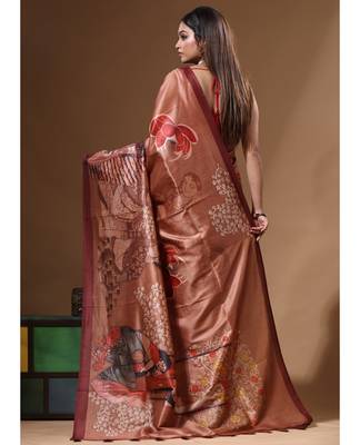 Multicolour semi - tussar with digital print saree with blouse piece 3