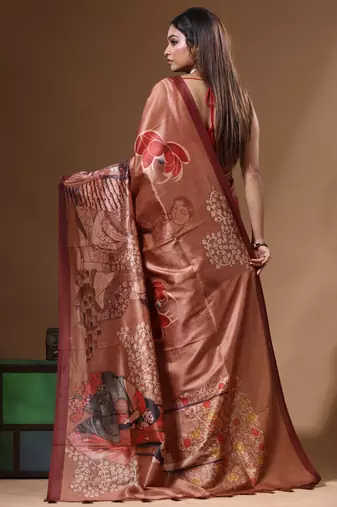 Multicolour semi - tussar with digital print saree with blouse piece