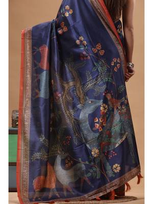 Multicolour semi - tussar with digital print saree with blouse piece 4