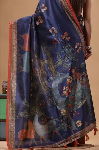 Multicolour semi - tussar with digital print saree with blouse piece