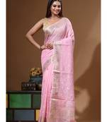 Pink mal chanderi with chicken kari saree with blouse piece