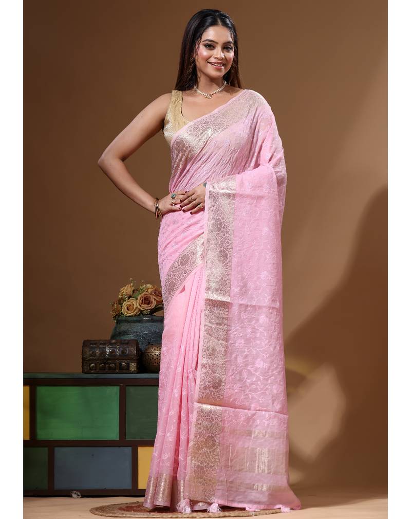 Pink mal chanderi with chicken kari saree with blouse piece