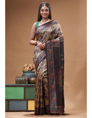 Multicolour semi - tussar with digital print saree with blouse piece 5