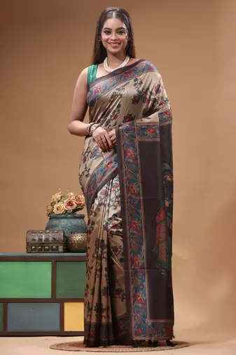 Multicolour semi - tussar with digital print saree with blouse piece