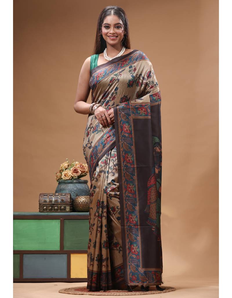 Multicolour semi - tussar with digital print saree with blouse piece