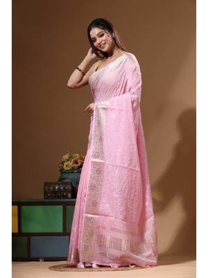 Pink mal chanderi with chicken kari saree with blouse piece 2