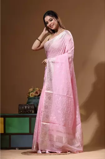 Pink mal chanderi with chicken kari saree with blouse piece