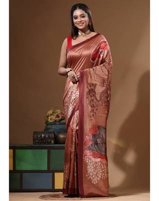 Multicolour semi - tussar with digital print saree with blouse piece 5