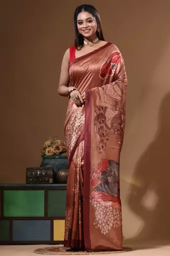 Multicolour semi - tussar with digital print saree with blouse piece
