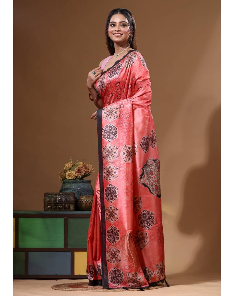 Multicolour semi - tussar with digital print saree with blouse piece