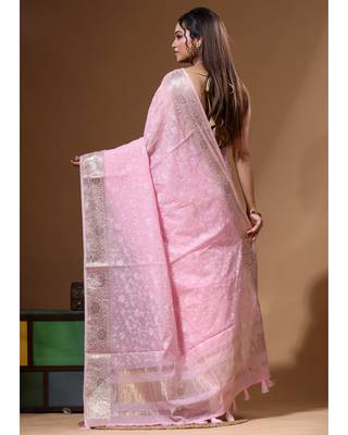 Pink mal chanderi with chicken kari saree with blouse piece 3