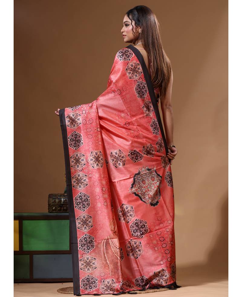 Multicolour semi - tussar with digital print saree with blouse piece