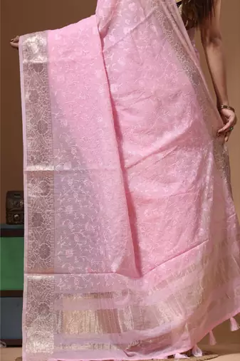 Pink mal chanderi with chicken kari saree with blouse piece