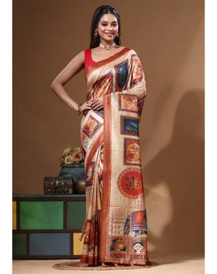 Multicolour semi - tussar with digital print saree with blouse piece 1