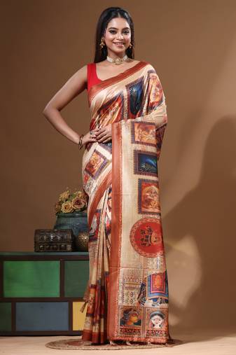 Multicolour semi - tussar with digital print saree with blouse piece
