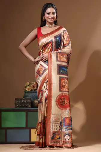 Multicolour semi - tussar with digital print saree with blouse piece