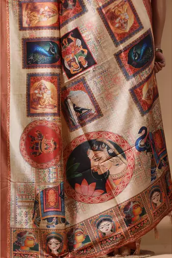 Multicolour semi - tussar with digital print saree with blouse piece