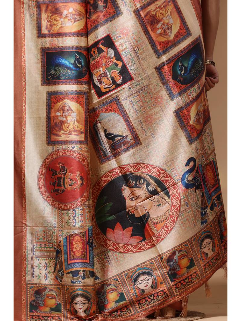 Multicolour semi - tussar with digital print saree with blouse piece