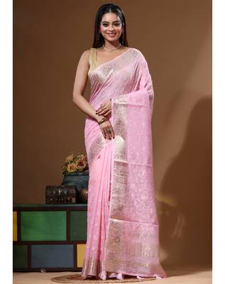 Pink mal chanderi with chicken kari saree with blouse piece 5
