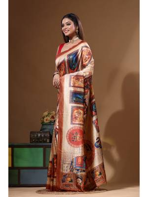 Multicolour semi - tussar with digital print saree with blouse piece 2