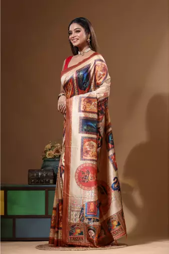 Multicolour semi - tussar with digital print saree with blouse piece
