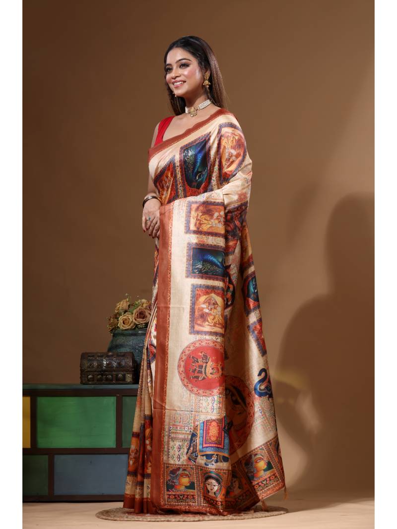 Multicolour semi - tussar with digital print saree with blouse piece
