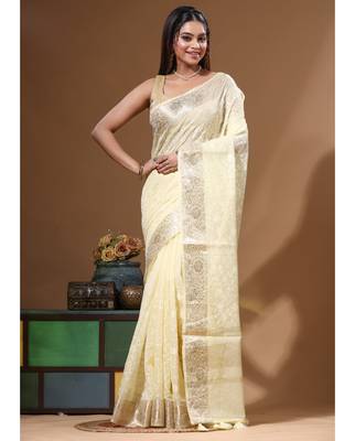 Lemon yellow mal chanderi with chicken kari saree with blouse piece 1