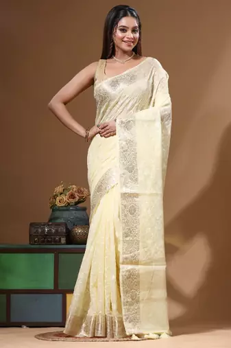 Lemon yellow mal chanderi with chicken kari saree with blouse piece