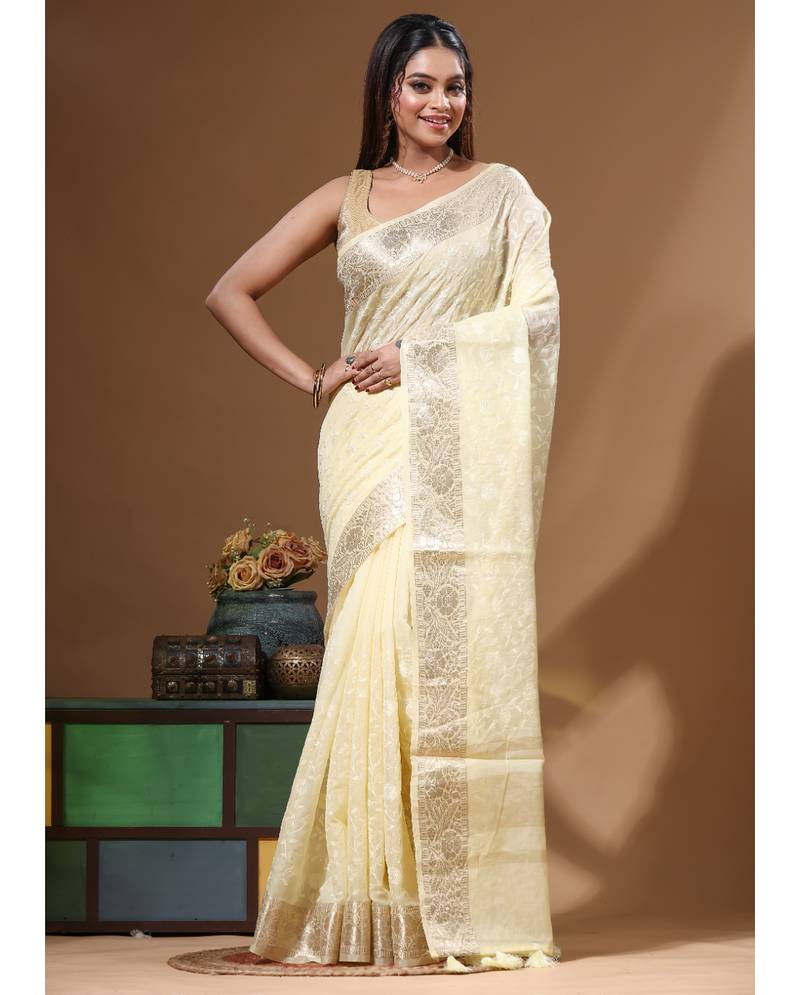 Lemon yellow mal chanderi with chicken kari saree with blouse piece