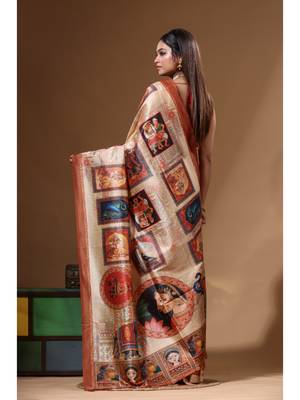 Multicolour semi - tussar with digital print saree with blouse piece 3