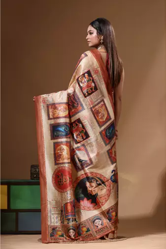 Multicolour semi - tussar with digital print saree with blouse piece