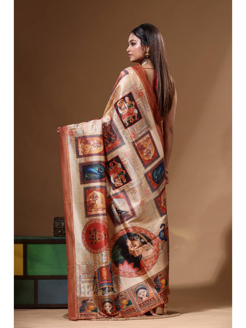 Multicolour semi - tussar with digital print saree with blouse piece