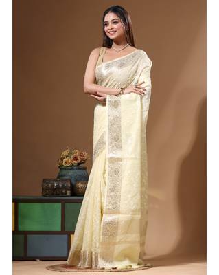 Lemon yellow mal chanderi with chicken kari saree with blouse piece 2