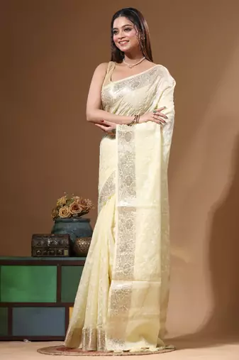 Lemon yellow mal chanderi with chicken kari saree with blouse piece