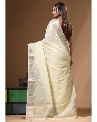 Lemon yellow mal chanderi with chicken kari saree with blouse piece 3