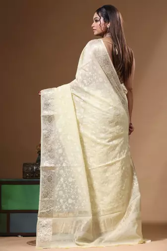 Lemon yellow mal chanderi with chicken kari saree with blouse piece