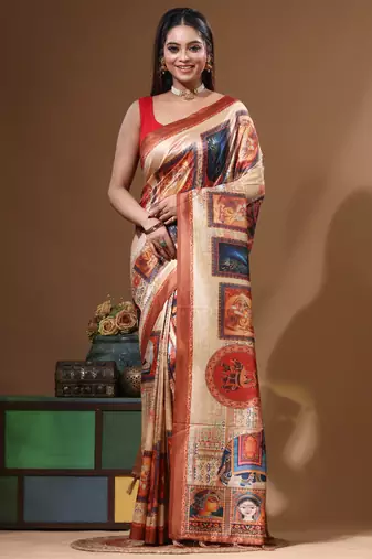 Multicolour semi - tussar with digital print saree with blouse piece