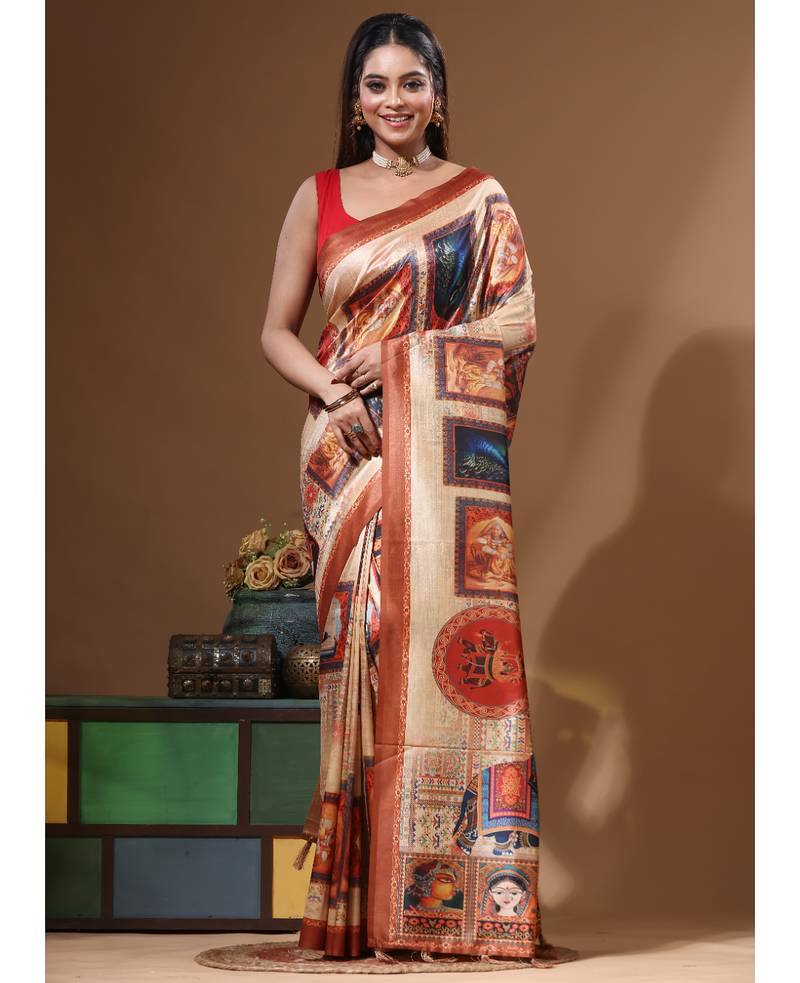 Multicolour semi - tussar with digital print saree with blouse piece